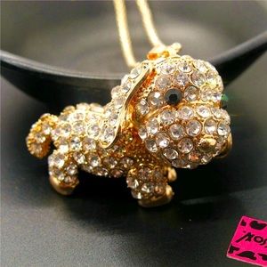 Betsey Johnson White Crystal Articulating Puppy Pendant with Chain Necklace